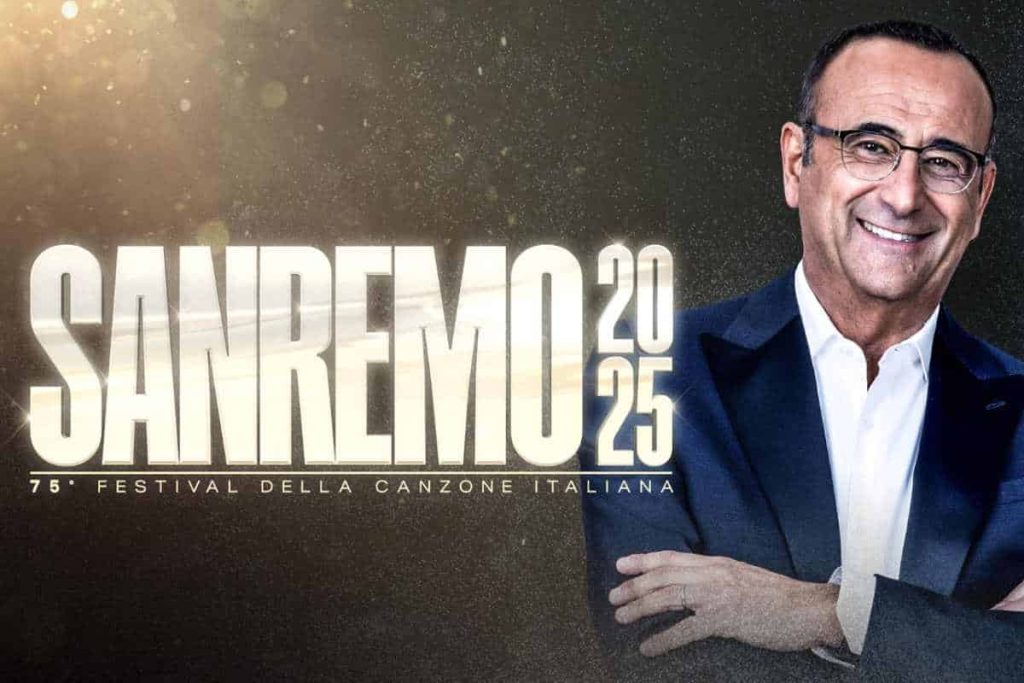 carlo conti con il logo di sanremo 2025